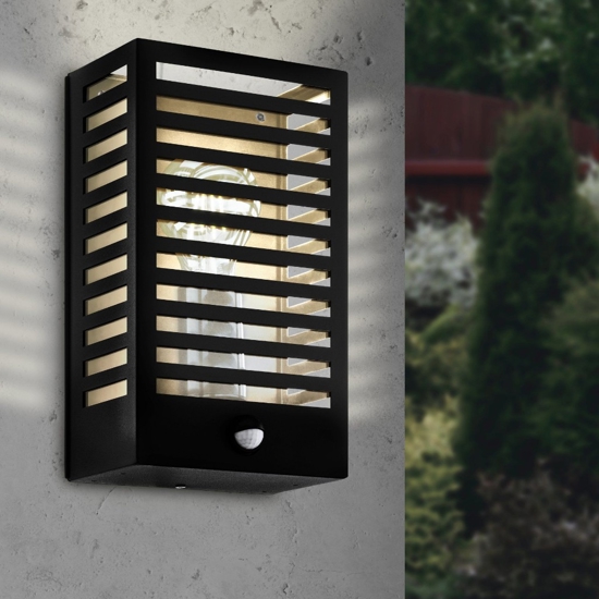 Applique da esterno metallo nero IP44 sensore di movimento e crepuscolare E27